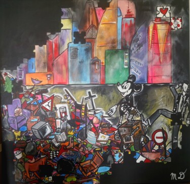 Painting titled "Consommation & Poll…" by Marlène Duno, Original Artwork, Acrylic Mounted on Wood Stretcher frame
