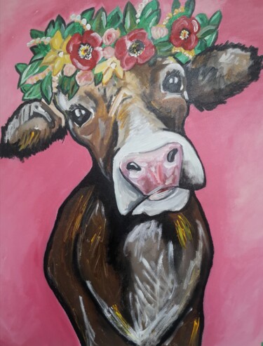 Painting titled "La Vache" by Marlène Duno, Original Artwork, Acrylic Mounted on Wood Stretcher frame