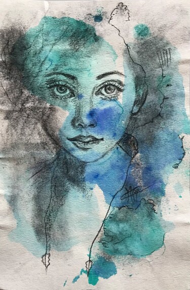 Drawing titled "JEUNE BLEUE" by Marlène Regazzoni (MaOni), Original Artwork, Charcoal