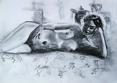 Dessin intitulée "FEMME LASCIVE ALLON…" par Marlène Regazzoni (MaOni), Œuvre d'art originale, Fusain
