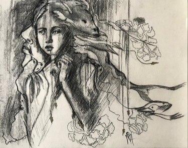 Disegno intitolato "little hesitation" da Marlène Regazzoni (MaOni), Opera d'arte originale, Carbone