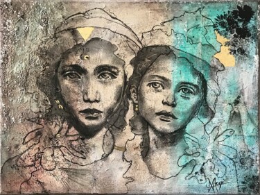 Painting titled "MARY et ROSE" by Marlène Regazzoni (MaOni), Original Artwork, Charcoal Mounted on Wood Stretcher frame