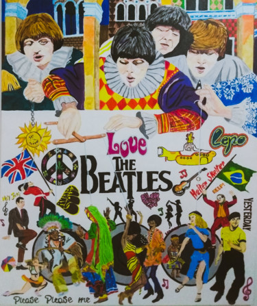 Pintura intitulada "Beatles manipulation" por Leno, Obras de arte originais, Acrílico Montado em Painel de madeira