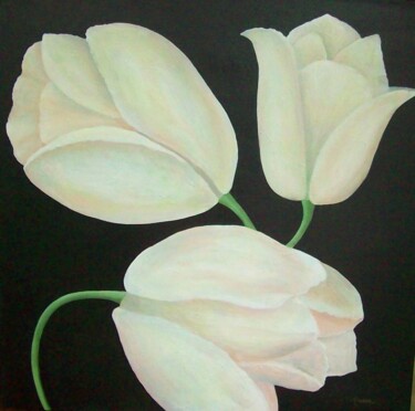 Schilderij getiteld "Tres Fleurs" door Marne Jensen, Origineel Kunstwerk, Acryl Gemonteerd op Frame voor houten brancard