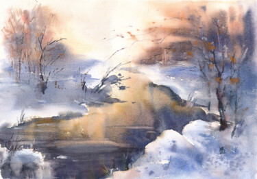 Peinture intitulée "Sunset on the winte…" par Maria Marni, Œuvre d'art originale, Aquarelle