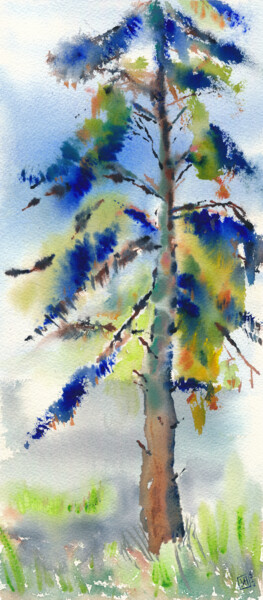 Картина под названием "Expressive tree on…" - Maria Marni, Подлинное произведение искусства, Акварель