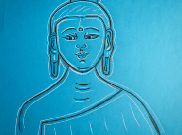 Drawing titled "Bouddha bleu" by Marnie Delblond, Original Artwork, Pencil