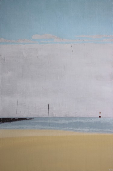Painting titled "Trouville, la plage" by Maron, Original Artwork, Oil Mounted on Wood Stretcher frame