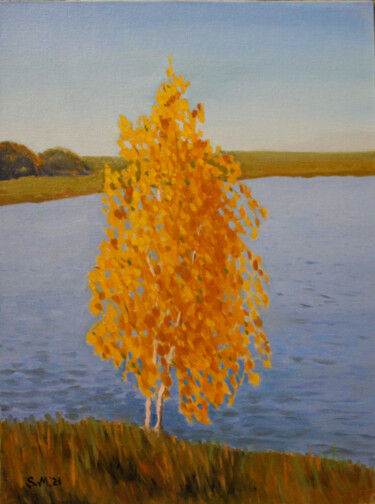 Painting titled "A Birch Tree" by Mariya Smirnova, Original Artwork, Oil