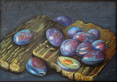 Painting titled "Plums on Tree Bark" by Mariya Smirnova, Original Artwork, Pastel