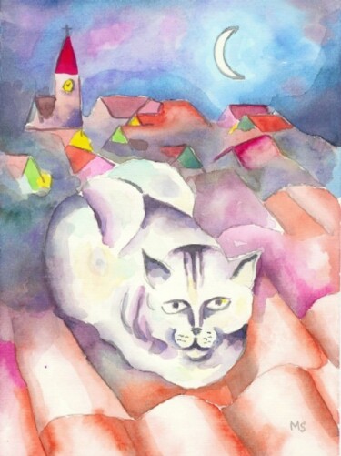 Pintura intitulada "gato_no_telhado.jpg" por Marques Da Silva, Obras de arte originais