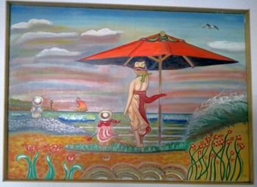 Painting titled "mujer y niña mirand…" by Jose Morilla, Original Artwork, Oil Mounted on Cardboard