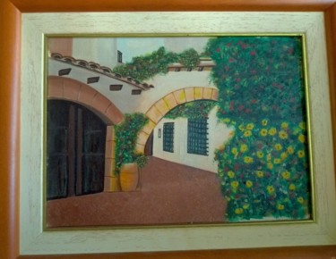 Painting titled "calle pueblo" by Jose Morilla, Original Artwork, Oil Mounted on Wood Panel