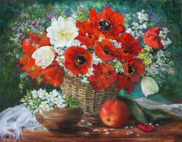 Картина под названием "Натюрморт с тюльпан…" - Marina Senko-Dmitrieva, Подлинное произведение искусства, Масло