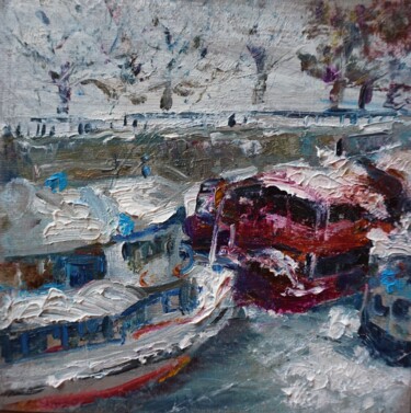 Painting titled "Ships in winter" by Maria Simbirkina, Original Artwork, Oil Mounted on Cardboard