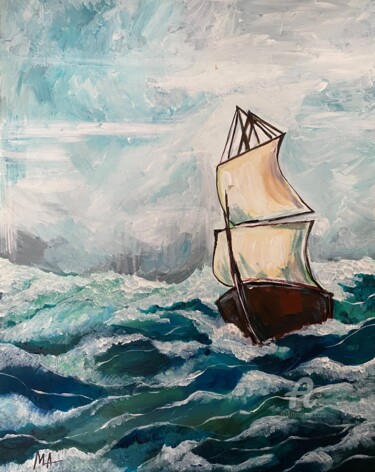 Malerei mit dem Titel "SHIP ON THE WAVES.…" von Marta Abdullaeva (ATRAM), Original-Kunstwerk, Acryl Auf Keilrahmen aus Holz…