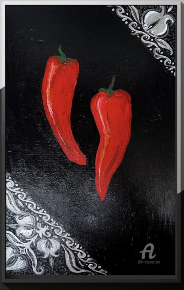 Painting titled "TWO RED HOT CHILI P…" by Marta Abdullaeva (ATRAM), Original Artwork, Acrylic Mounted on Cardboard