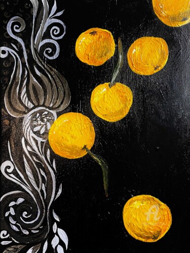 Painting titled "Scattered tangerine…" by Marta Abdullaeva (ATRAM), Original Artwork, Acrylic Mounted on Wood Stretcher frame