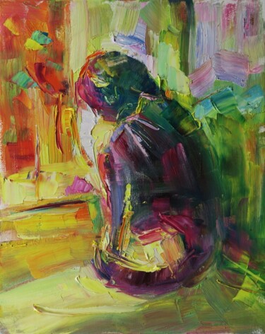 Картина под названием "Chat coloré III" - Marta Lipowska, Подлинное произведение искусства, Масло Установлен на Деревянная р…