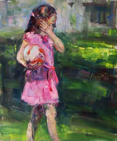 Painting titled "Fille avec une ball…" by Marta Lipowska, Original Artwork, Oil Mounted on Wood Stretcher frame
