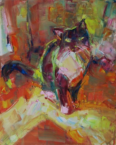 Painting titled "Chat coloré VIII" by Marta Lipowska, Original Artwork, Oil Mounted on Wood Stretcher frame