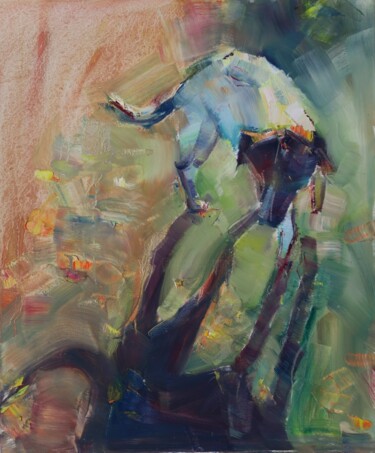 Painting titled "Chien boiteux" by Marta Lipowska, Original Artwork, Oil Mounted on Wood Stretcher frame