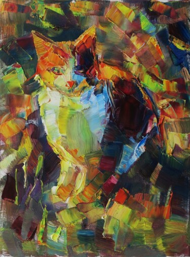Painting titled "Chat coloré X" by Marta Lipowska, Original Artwork, Oil Mounted on Wood Stretcher frame