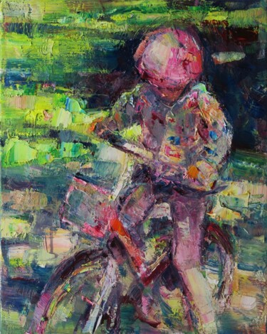 Painting titled "Petit vélo VIII" by Marta Lipowska, Original Artwork, Oil Mounted on Wood Stretcher frame