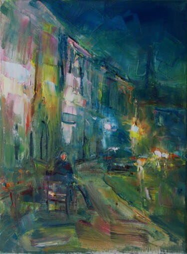 Картина под названием "Café nocturne VII" - Marta Lipowska, Подлинное произведение искусства, Масло Установлен на Деревянная…