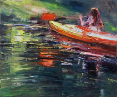 Painting titled "Down the river XII" by Marta Lipowska, Original Artwork, Oil Mounted on Wood Stretcher frame