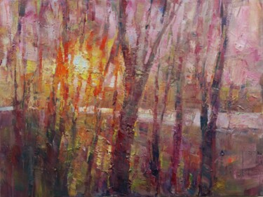 Картина под названием "Soleil derrière le…" - Marta Lipowska, Подлинное произведение искусства, Масло Установлен на Деревянн…