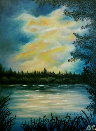 Painting titled "Tramonto sul lago" by Marta Castellani, Original Artwork, Oil Mounted on Wood Panel