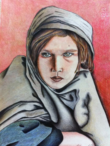 Disegno intitolato "Ritratto di ragazza" da Marta Castellani, Opera d'arte originale, Matite colorate
