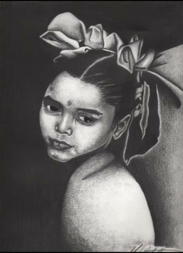 Drawing titled "Volto di bambina" by Marta Castellani, Original Artwork, Graphite