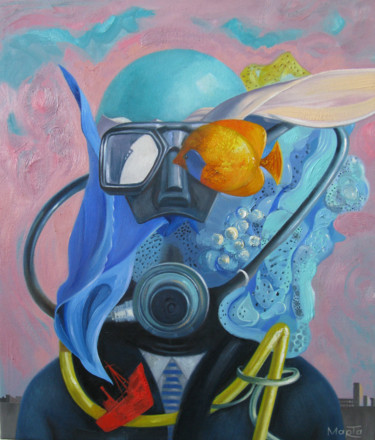 Painting titled "Diver" by Marta Shmatava, Original Artwork, Oil Mounted on Wood Stretcher frame