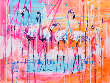 Картина под названием "Colorful flamingos" - Marta Zawadzka, Подлинное произведение искусства, Акрил Установлен на Деревянна…