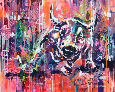 제목이 "Charging Bull"인 미술작품 Marta Zawadzka로, 원작, 아크릴 나무 들것 프레임에 장착됨
