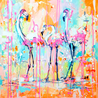 Painting titled "Flamingo mood" by Marta Zawadzka, Original Artwork, Acrylic Mounted on Wood Stretcher frame