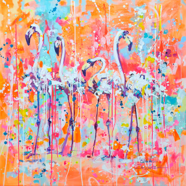 Painting titled "Flamingo Quartet" by Marta Zawadzka, Original Artwork, Acrylic Mounted on Wood Stretcher frame