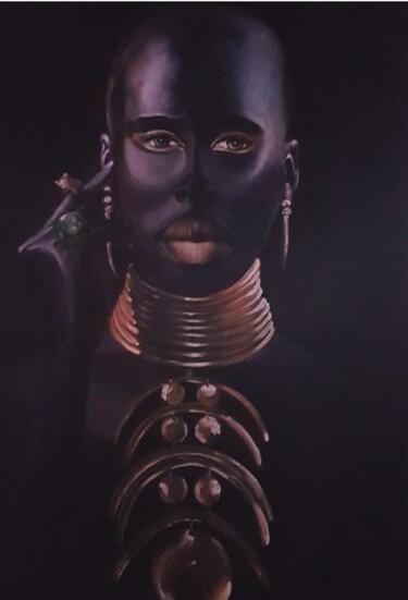 Painting titled "black in gold.jpeg" by Martha Ariza, Original Artwork, Oil Mounted on Wood Stretcher frame