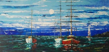 Pintura titulada "barcos.jpeg" por Martha Ariza, Obra de arte original, Oleo Montado en Panel de madera