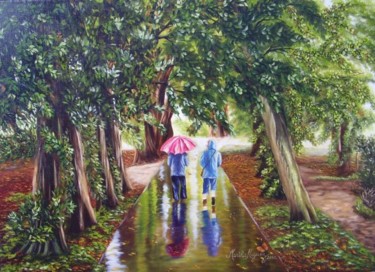 Painting titled ""Caminando Bajo la…" by Martha Miguez, Original Artwork, Oil