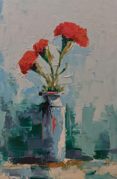 Painting titled "Red carnation flowe…" by Marinko Šarić, Original Artwork, Oil