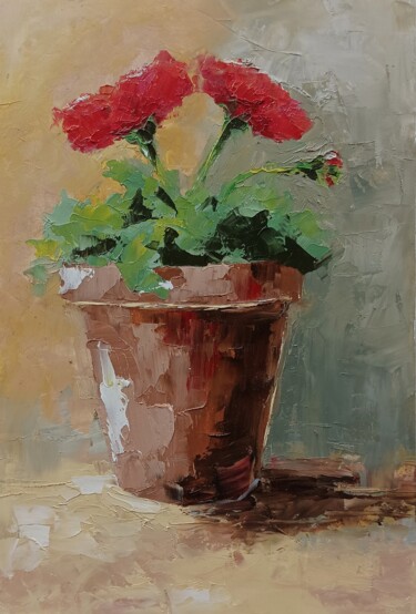 Картина под названием "Red flowers in vase" - Marinko Šarić, Подлинное произведение искусства, Масло