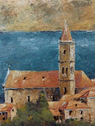 Painting titled "Postira village on…" by Marinko Šarić, Original Artwork, Oil