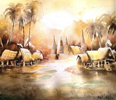 Painting titled "Village asiatique" by Martial Bidard, Original Artwork, Watercolor