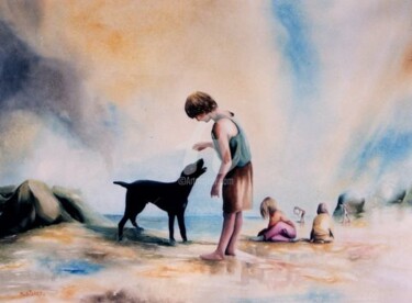 Painting titled "la plage" by Martial Bidard, Original Artwork, Watercolor