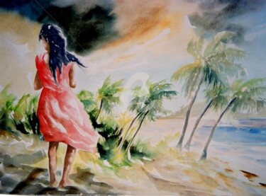 Painting titled "virginie" by Martial Bidard, Original Artwork, Watercolor