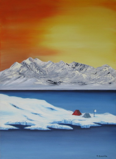 Painting titled "" Camp de base "" by Martial Dumoulin, Original Artwork, Oil Mounted on Wood Stretcher frame