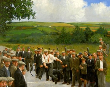 Painting titled "Road Bowling" by Martin Driscoll, Original Artwork, Oil Mounted on Wood Stretcher frame